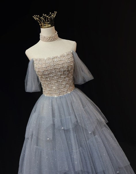 Light Blue Tulle Ball Gown Wedding Dress - Off-Shoulder Wedding Dress - Beaded Corset Back Wedding Dress Plus Size